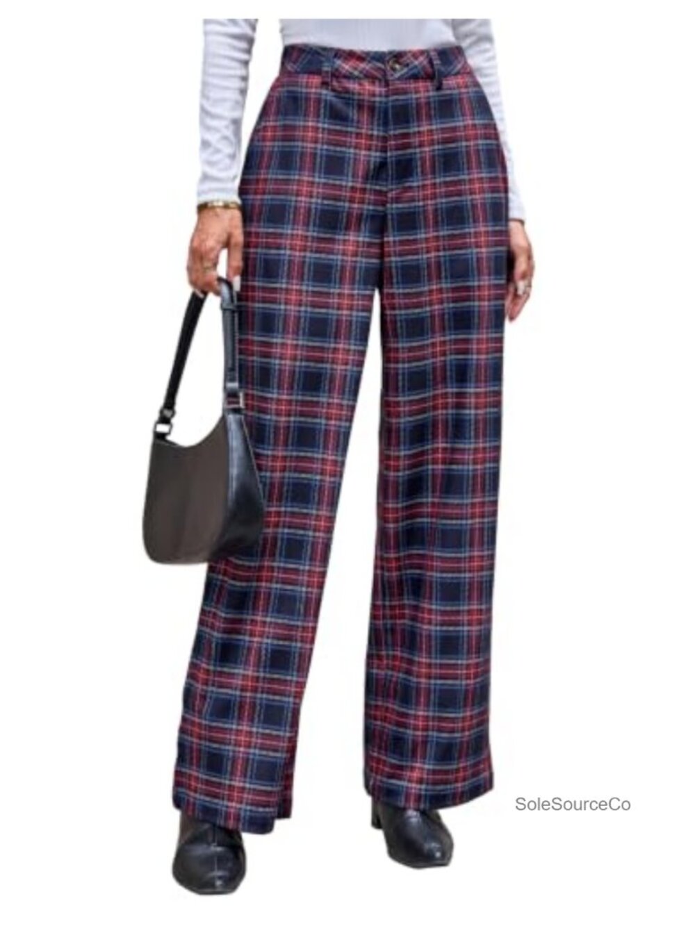 Wide Leg Plaid Trousers Mid Rise Business Casual Pants